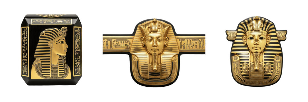 Set and collection of ancient Egyptian pharaoh golden masks and royal portrait jewelry isolated on white transparent PNG background