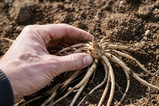 Hand holding asparagus crown roots in soil
