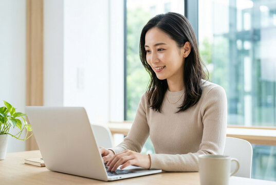明るい室内で笑顔でパソコン作業をする日本人女性のリモートワーク風景 Generative AI