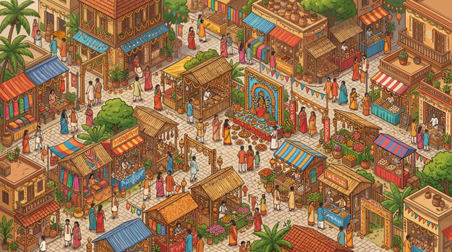 Bengali People Celebrating Poila Baisakh Festival in a Vibrant Market Isometric Illustration