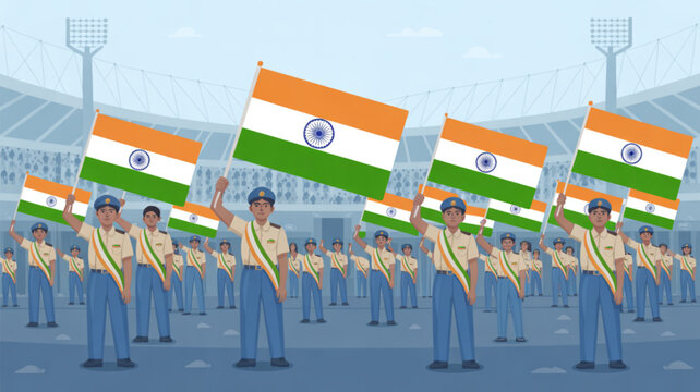 Indian flag bearers marching in formation at a stadium with a crowd of people celebrating republic day or independence day with a patriotic event national pride and unity