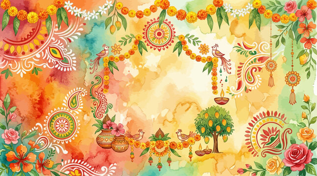 Bengali New Year Poila Baisakh Illustration showcasing traditional alpona and festive elements in artistic watercolor style.