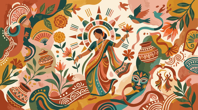 Artistic Bengali woman in traditional saree celebrating Poila Baisakh festival in vibrant mural style