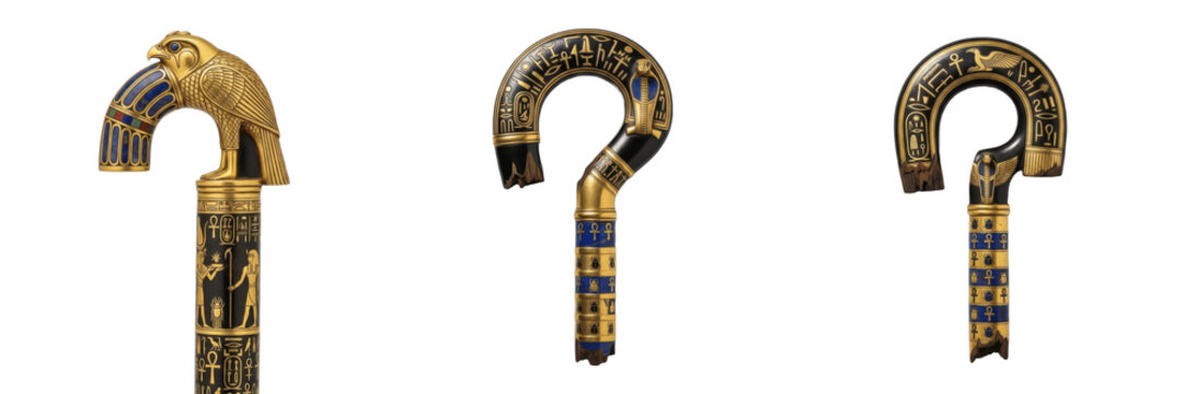 Set and collection of ancient Egyptian golden scepter handles and hooks with falcon and hieroglyphics isolated on white transparent PNG background