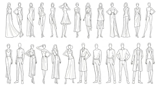 Fashion Croquis Body Templates Vector Female Male Static Poses Figure Illustration Design Set