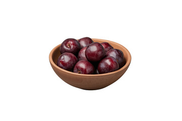Obraz premium Fresh dark red plums in wooden bowl transparent background