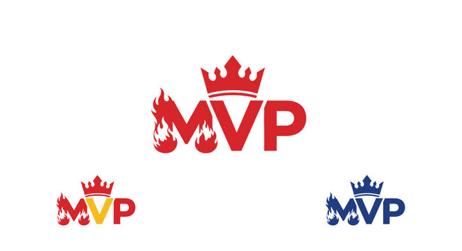 Collection of MVP logos with crown and flame designs.