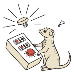 A curious meerkat intently gazes at a control panel with a glowing red button a screw levitates above it © Mia1000