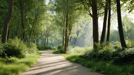 Fototapeta premium Forest Path: A tranquil path winds through a sun-dappled forest, inviting exploration and offering a serene escape into the heart of nature.