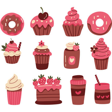 Cute Pink Dessert Illustration Set, Kawaii Dessert Colletion