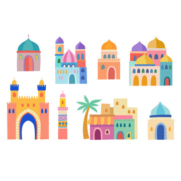 Cute Ramadan Mosque and Lantern Flat Illustration Set, Cute Eid Mubarak Islamic Building Illustration Pack