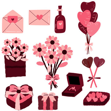Valentine Love Element Clipart Set, Romantic Gift and Love Letter Illustration Collection