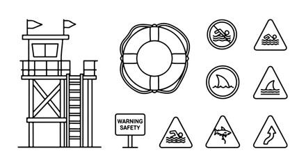 Beach safety line icons set, lifeguard tower and lifebuoy vector elements, coastal warning signs with shark and swimming symbols, black outline graphics © Asia