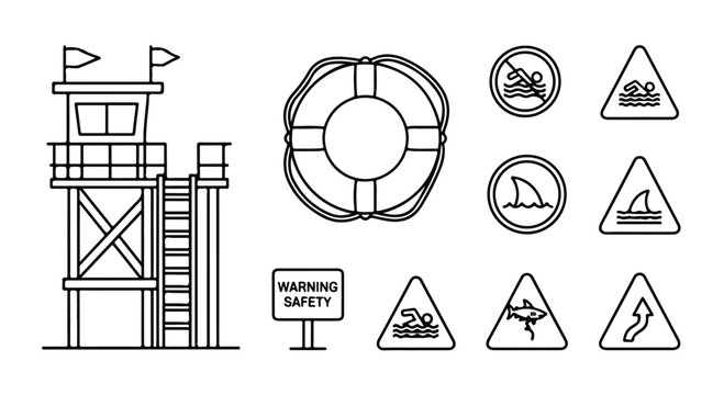 Beach safety line icons set, lifeguard tower and lifebuoy vector elements, coastal warning signs with shark and swimming symbols, black outline graphics