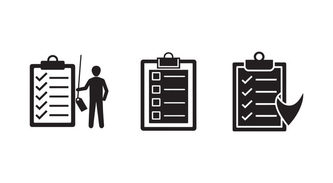 Clipboard icons with checklists and a person holding a pointer and a tag  checklist and todo list symbols