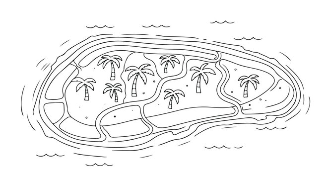 Hand drawn tropical island map vector, minimalist line art of a desert island with palm trees, simple black and white coastal landscape illustration