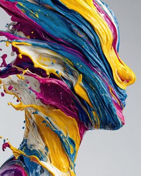 Surreal portrait of a woman merged with colorful paint splashes and liquid flow, concept of creativity, art, and human emotions on white background.