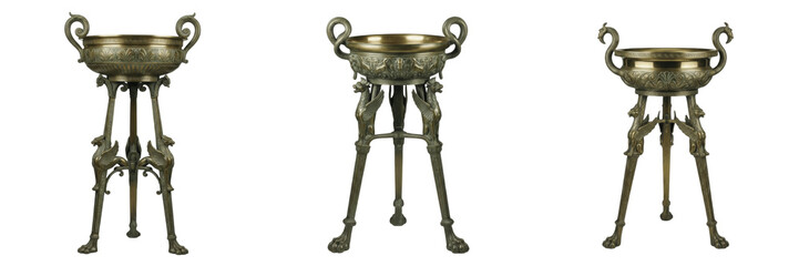 Set and collection of antique ancient Roman bronze tripod braziers and ornate incense burner stands isolated on white transparent PNG background. © imageworld