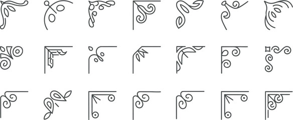 Fototapeta premium Minimal decorative corner ornament set for elegant frame designs, invitations, and borders in clean vector illustration style