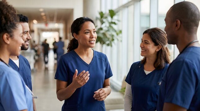 Group of diverse medical professionals having a discussion in hospital hallway