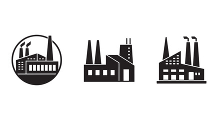 Obraz premium Factory icons set with industrial buildings and smokestacks industrial architecture symbols factory silhouettes