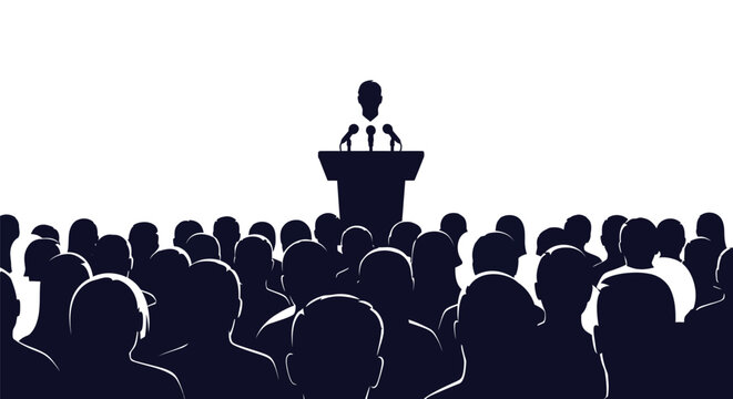 Speaker silhouette addressing a large audience from a podium with microphones, vector illustration design.