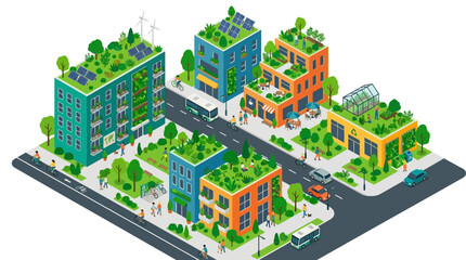 Naklejka premium Isometric Green Sustainable City Illustration with Renewable Energy, Urban Farming, and Eco-Friendly Infrastructure