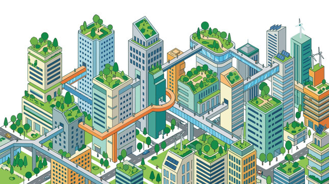 Isometric Sustainable Green City Illustration with Rooftop Gardens and Renewable Energy
