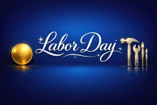 Labor Day greeting with elegant script typography, golden work tools and coin on dark blue background, professional holiday celebration banner