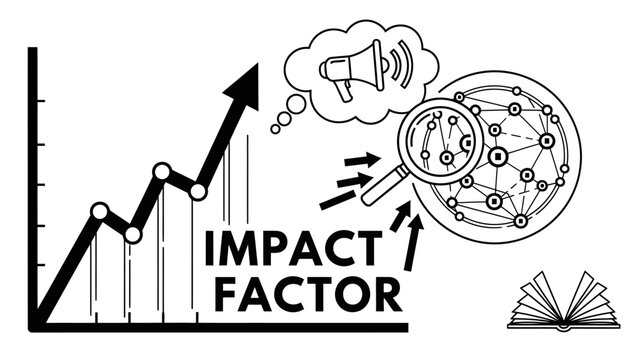 Impact factor concept illustration with rising growth chart, network globe, and magnifying glass.
