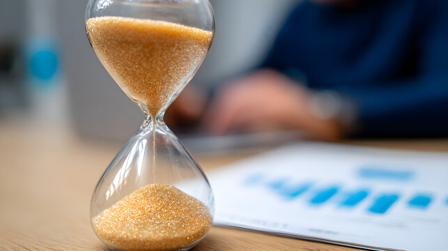 Person Calculating Invoice Paper With Sand Hourglass Symbolizing Time Management And Deadline
