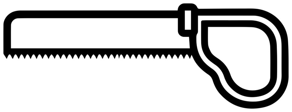 Minimalist black line icon of a coping saw detailed tool illustration with handle and serrated blade for diy and construction projects