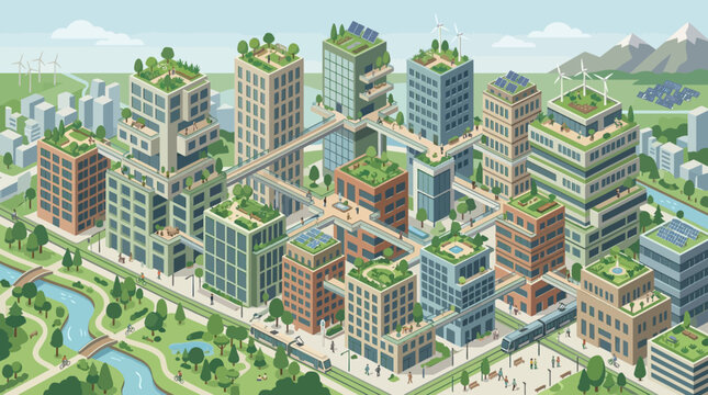 Futuristic Sustainable Green City Isometric Illustration with Solar Panels, Wind Turbines, Skywalks, and Eco-Friendly Urban Design