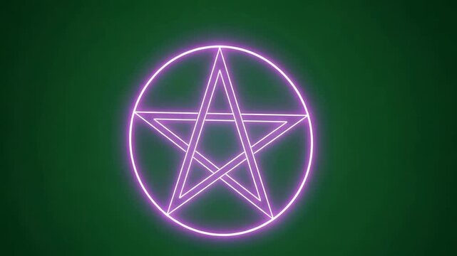 Purple neon pentagram in circle on green background with dark arts