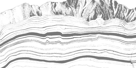 Fototapeta premium Abstract monochrome texture with flowing wavy distortion lines across the top and dense cracked, rocky patterns below, resembling eroded terrain or seismic layers, distressed grunge style background.