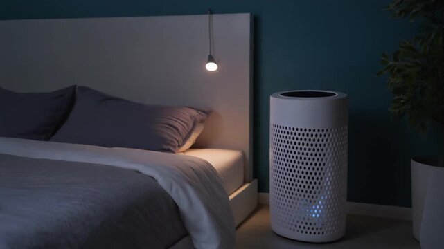 Bedroom Air Purifier Night. Sleepmaxxing. Wellness Technology. An air purifier quietly running beside a bed during nighttime. The scene is illuminated by subtle LED glow and dim room lighting
