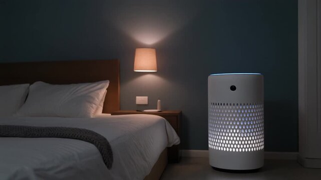 Bedroom Air Purifier Night. Sleepmaxxing. Wellness Technology. An air purifier quietly running beside a bed during nighttime. The scene is illuminated by subtle LED glow and dim room lighting
