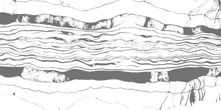 Abstract monochrome texture with flowing wavy distortion lines across the top and dense cracked, rocky patterns below, resembling eroded terrain or seismic layers, distressed grunge style background.