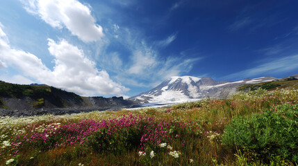 Fototapeta premium Wildflowers in Mountain Meadow Under Blue Sky