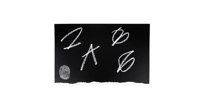 Black paper with chalk writing and fingerprint.