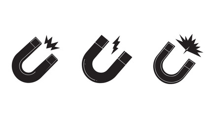 Set of black and white illustrations of magnets with lightning sparks magnetic field and attraction forces physical phenomenon educational material science concepts