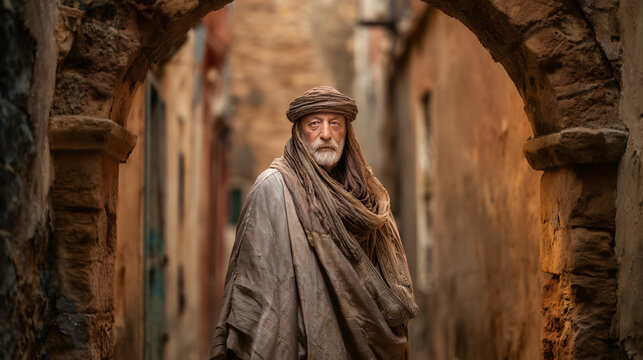 Elderly man in traditional robe and headwrap standing beneath a stone archway in an old alley