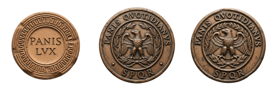 Set and collection of antique ancient Roman bronze coins with SPQR eagle and Latin text isolated on white transparent PNG background.