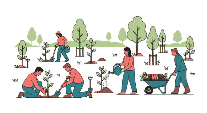 Diverse Group Planting Trees Together on Arbor Day Celebrating Nature and Community