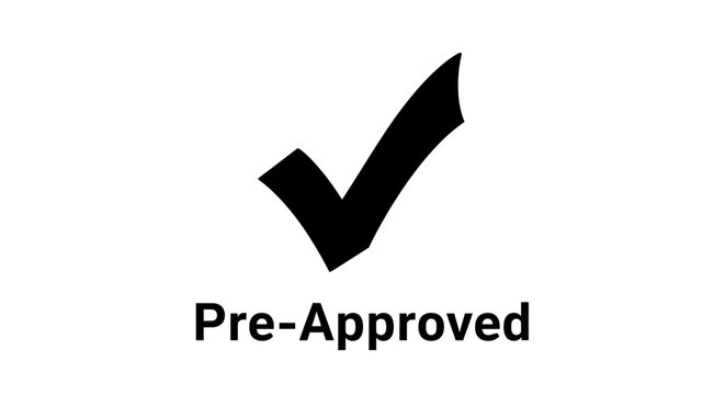 Pre-approved concept illustration with a large black check mark icon. Minimalist vector design for loan, credit, and mortgage approval.