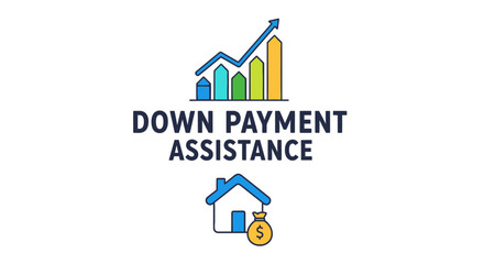 Down payment assistance concept illustration with rising bar chart, house icon, and money bag. Real estate financial support and mortgage concept. © Hafiz