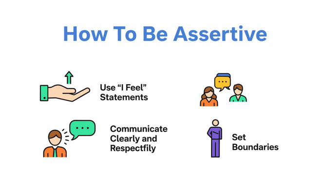 "How To Be Assertive" infographic with tips: Use "I Feel" statements, communicate clearly, and set boundaries.
