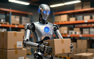 Fototapeta premium Silver robot with blue lights handles boxes in a bustling warehouse