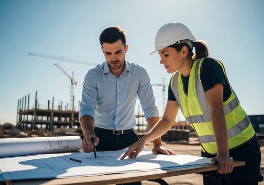 Construction workers reviewing blueprints at building site on sunny day
