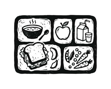 School lunch tray, meal elements, healthy eating, food illustration, linocut style.